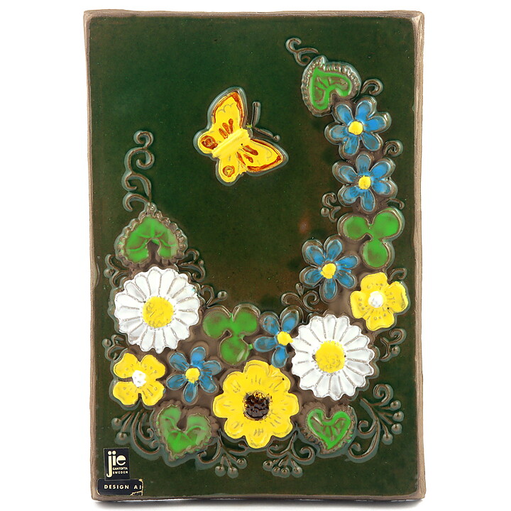 Aimo Nietosvuori (1970s) Green Wall Plaque with Colorful Butterfly/Flowers Motif 24 cm #852