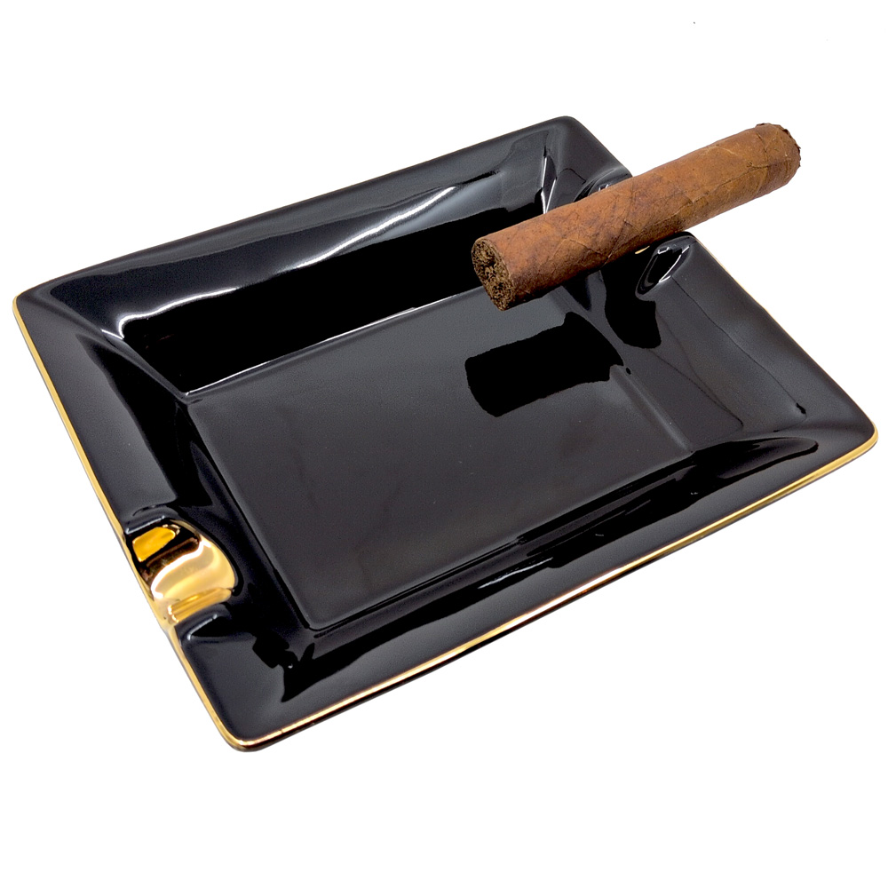 Askfat i porslin för två cigarrer - svart med guldfärgade detaljer - 2
