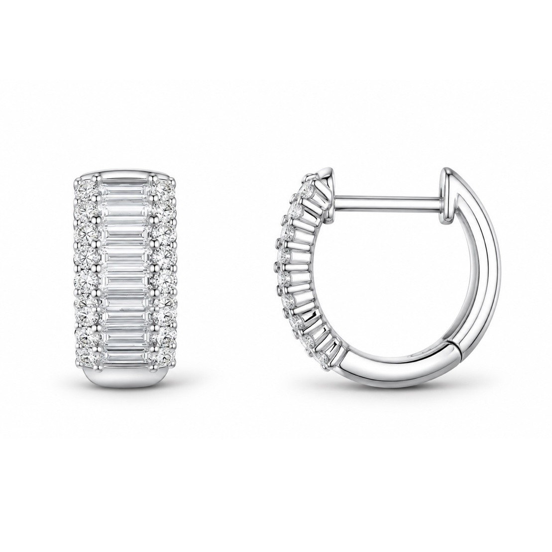 BAGUETTEE CUT THREE ROW DIAMOND CREOLES WIDE