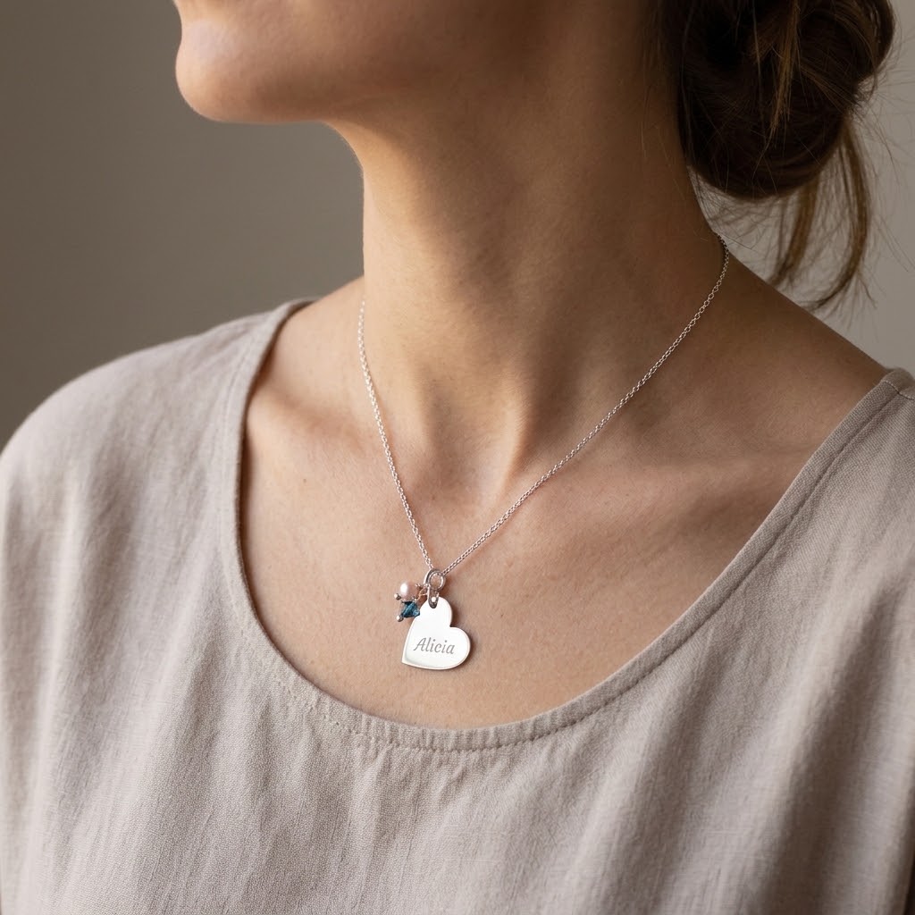 Hjärta med berlock, Halsband med gravyr - Silver - 4