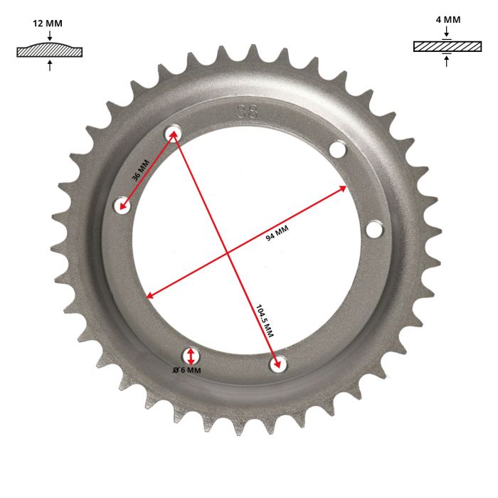 Ketjupyörä takana. Maxi, suurella 94 mm:n keskireiällä. 38 hammasta - 2