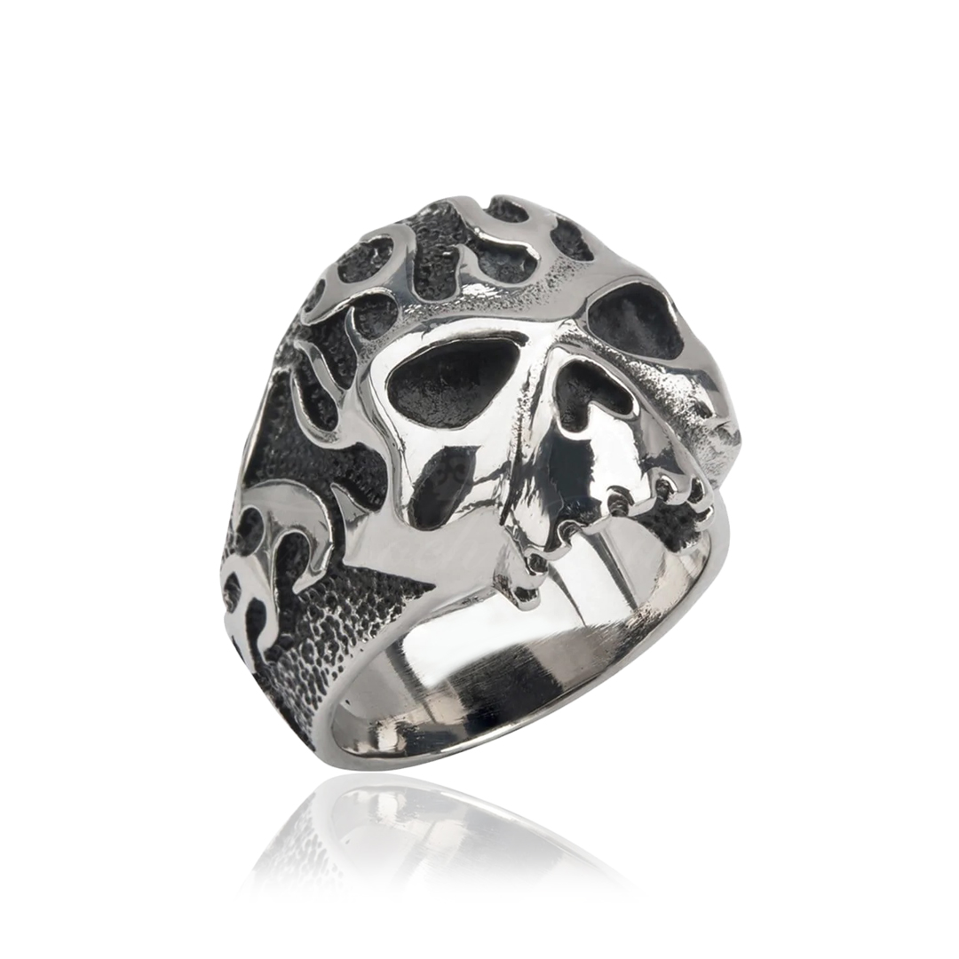 Punk Ring - Kranie Ring Ildsflammer Oxideret 316L - Flaming Skull - 3