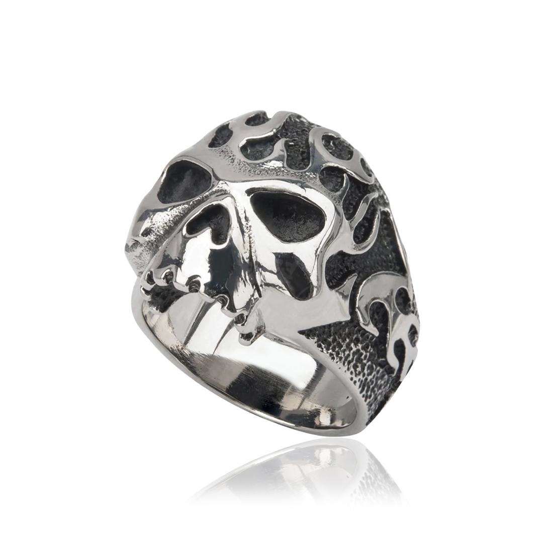 Punk Ring - Kranie Ring Ildsflammer Oxideret 316L - Flaming Skull - 4
