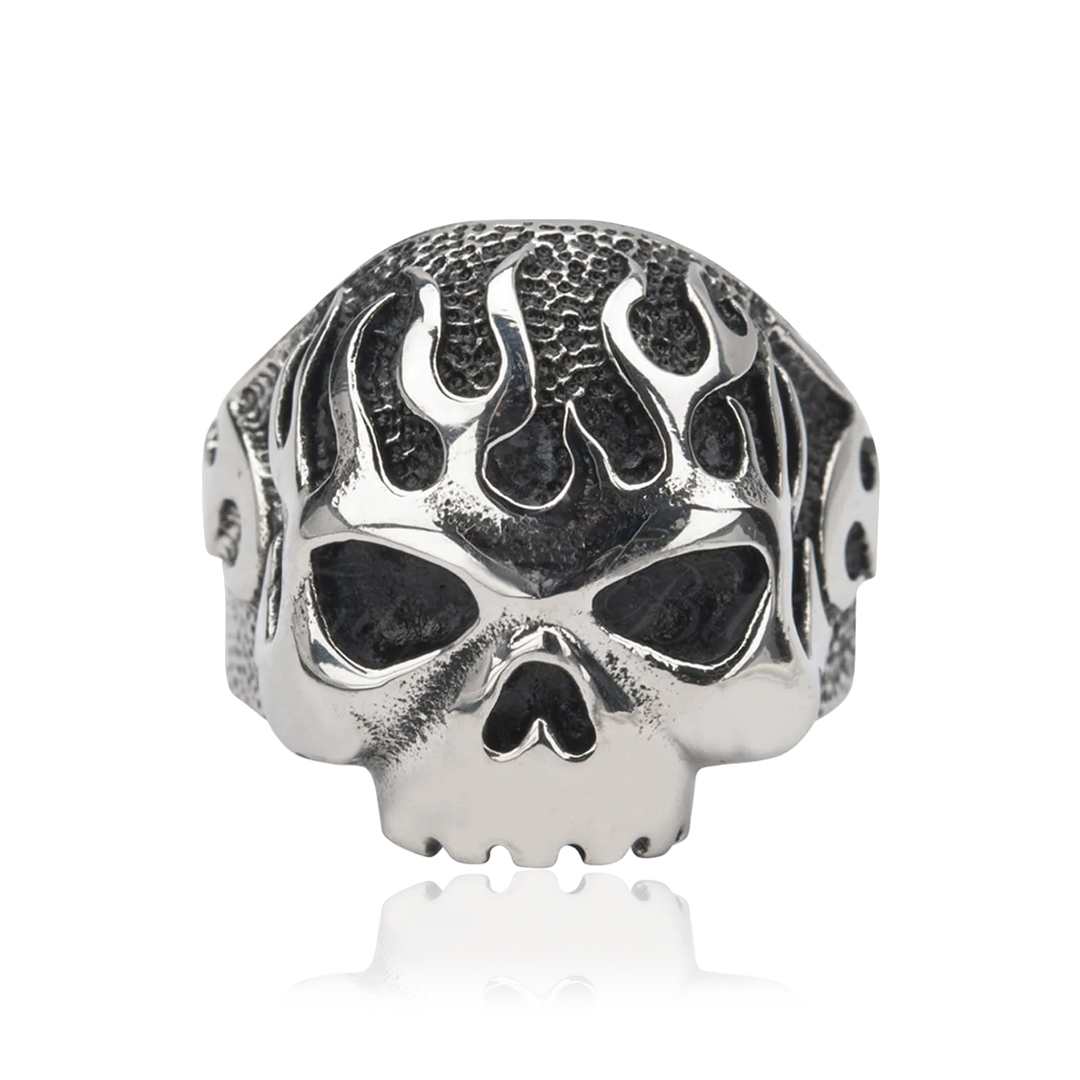Punk Ring - Kranie Ring Ildsflammer Oxideret 316L - Flaming Skull - 2