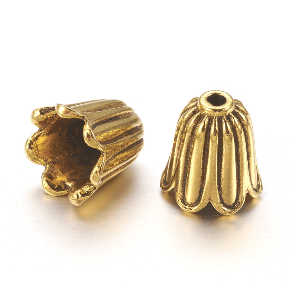Höga antikguldfärgade blomformade pärlkåpor 11 mm, 8 st