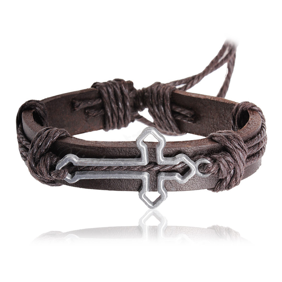 Læderarmbånd - Kryds i børstet metal Justerbar længde - Kryds - 2