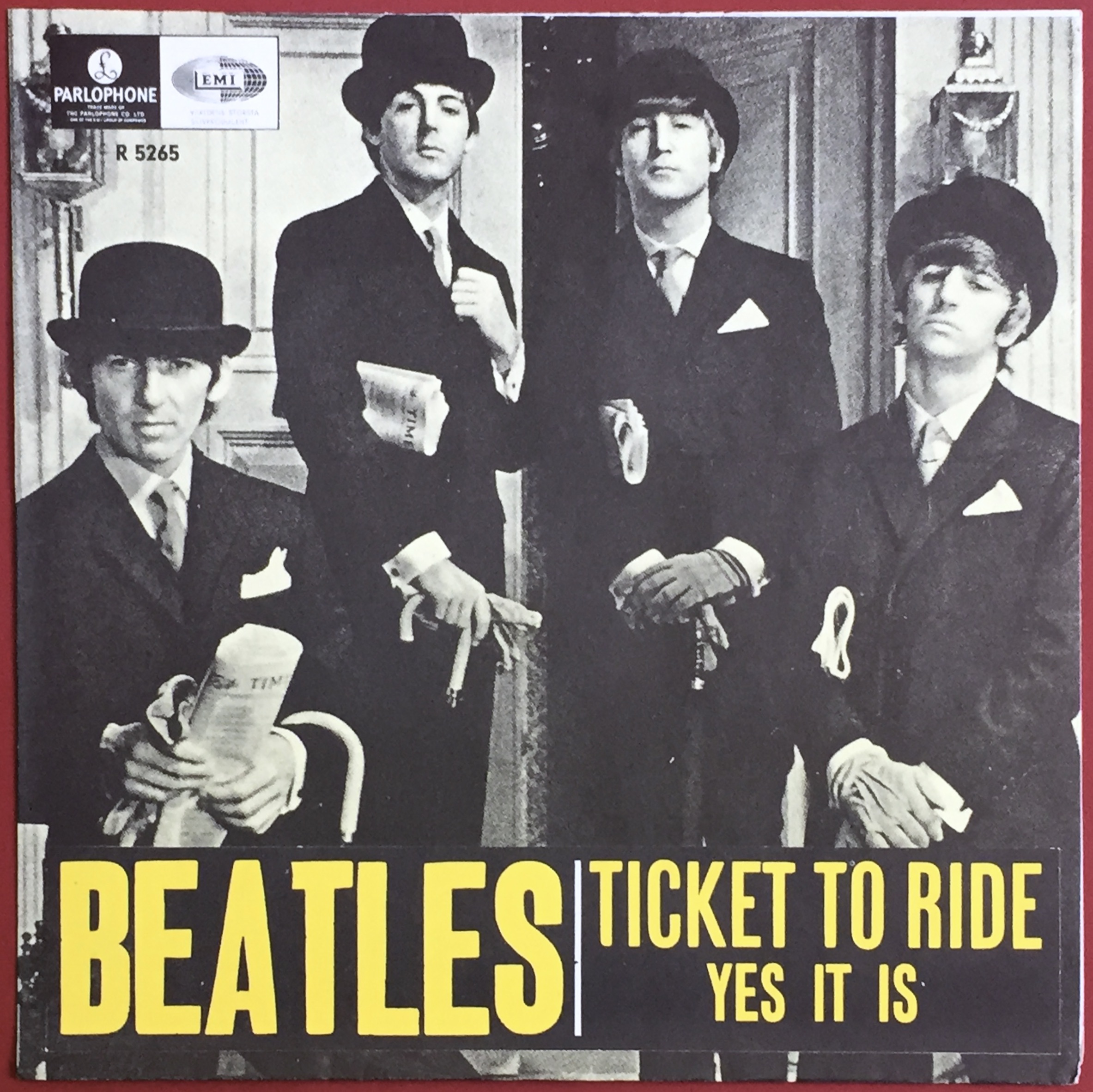 BEATLES - Ticket to ride CITRONGUL 7" Swe 1965 ENDAST PS - Arkivex / MINT-!