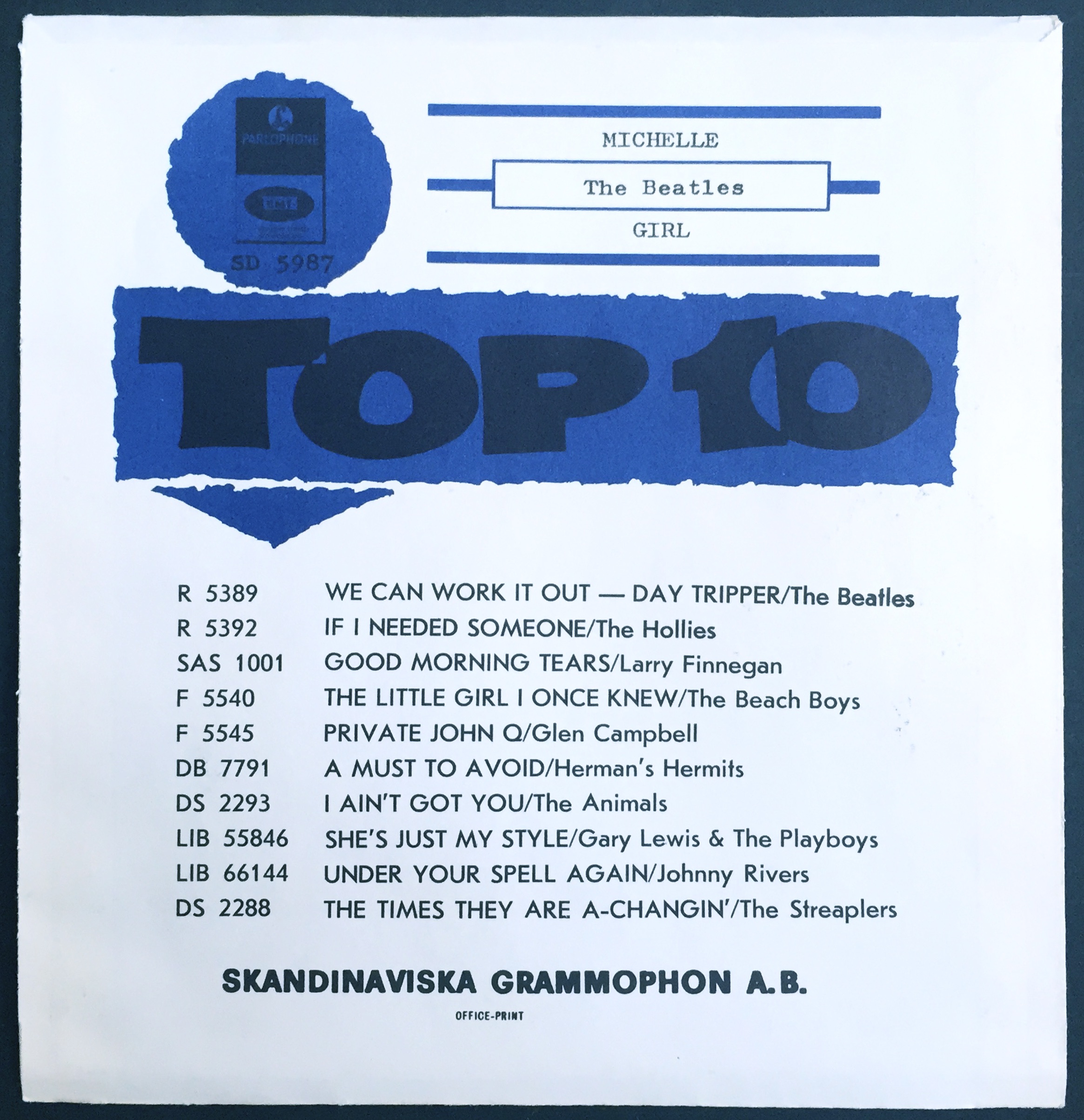 BEATLES - Michelle TOPPLISTA 7" Swe 1966 ENDAST PS - Arkivex / MINT-! - 2
