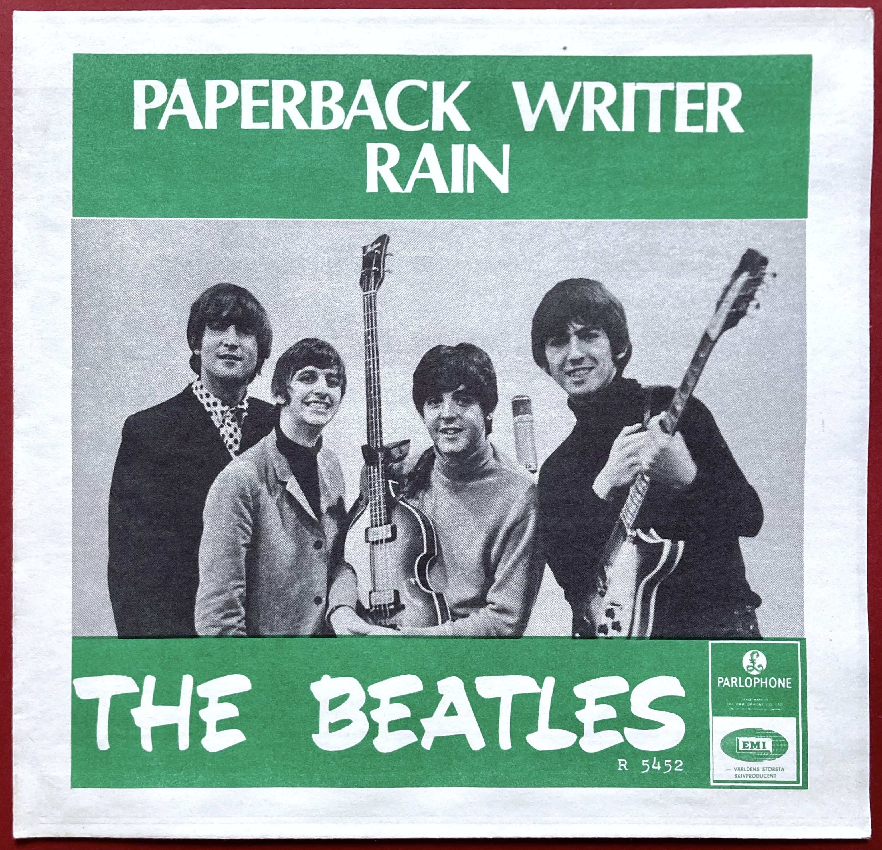 BEATLES - Paperback writer ORANGE rear 7" Swe 1966 PS ONLY - Archive copy / MINT-!