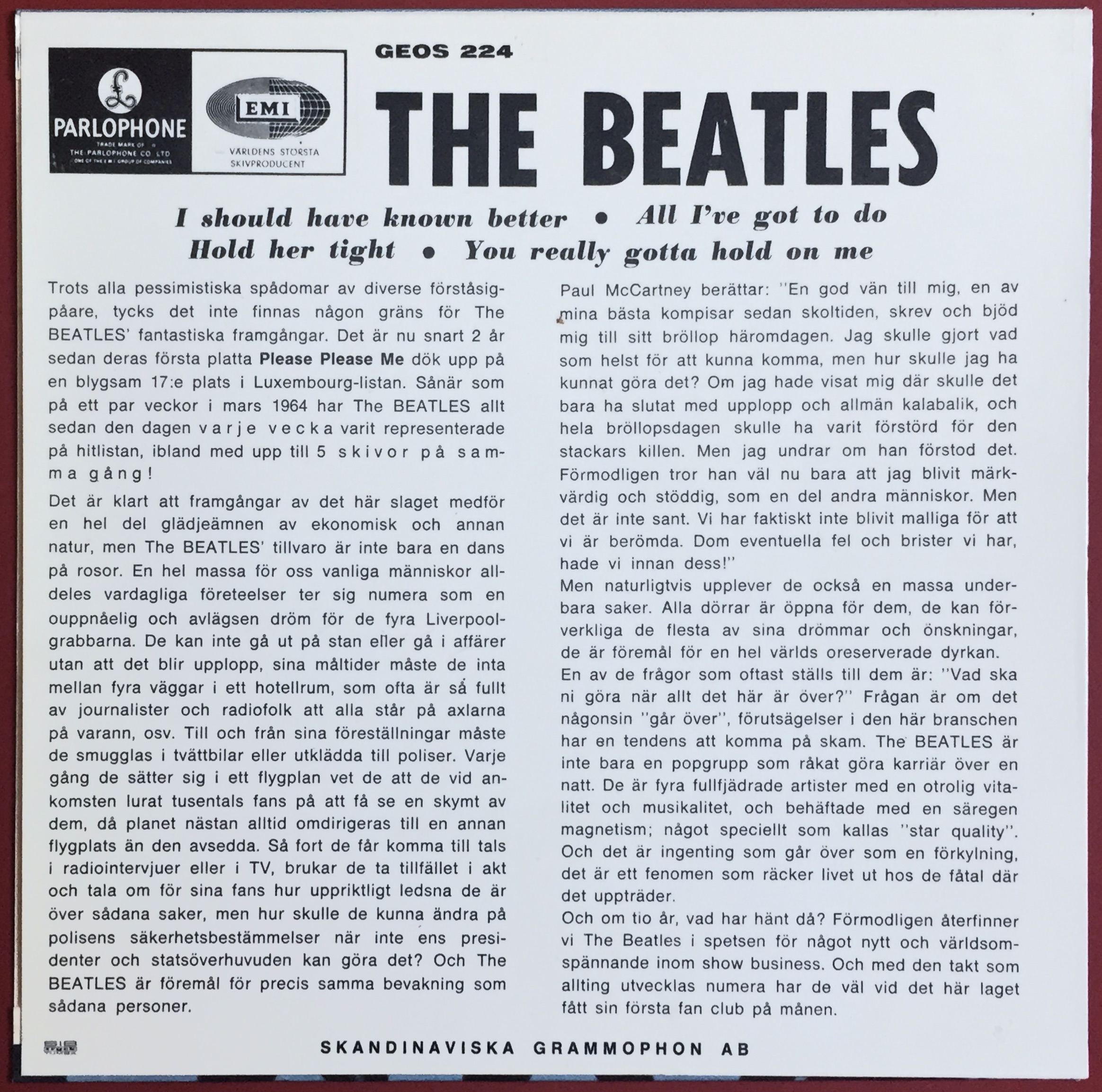 BEATLES -  I should have known better +3 Swe EP 1964 ENDAST PS - Arkivex / MINT-! - 2