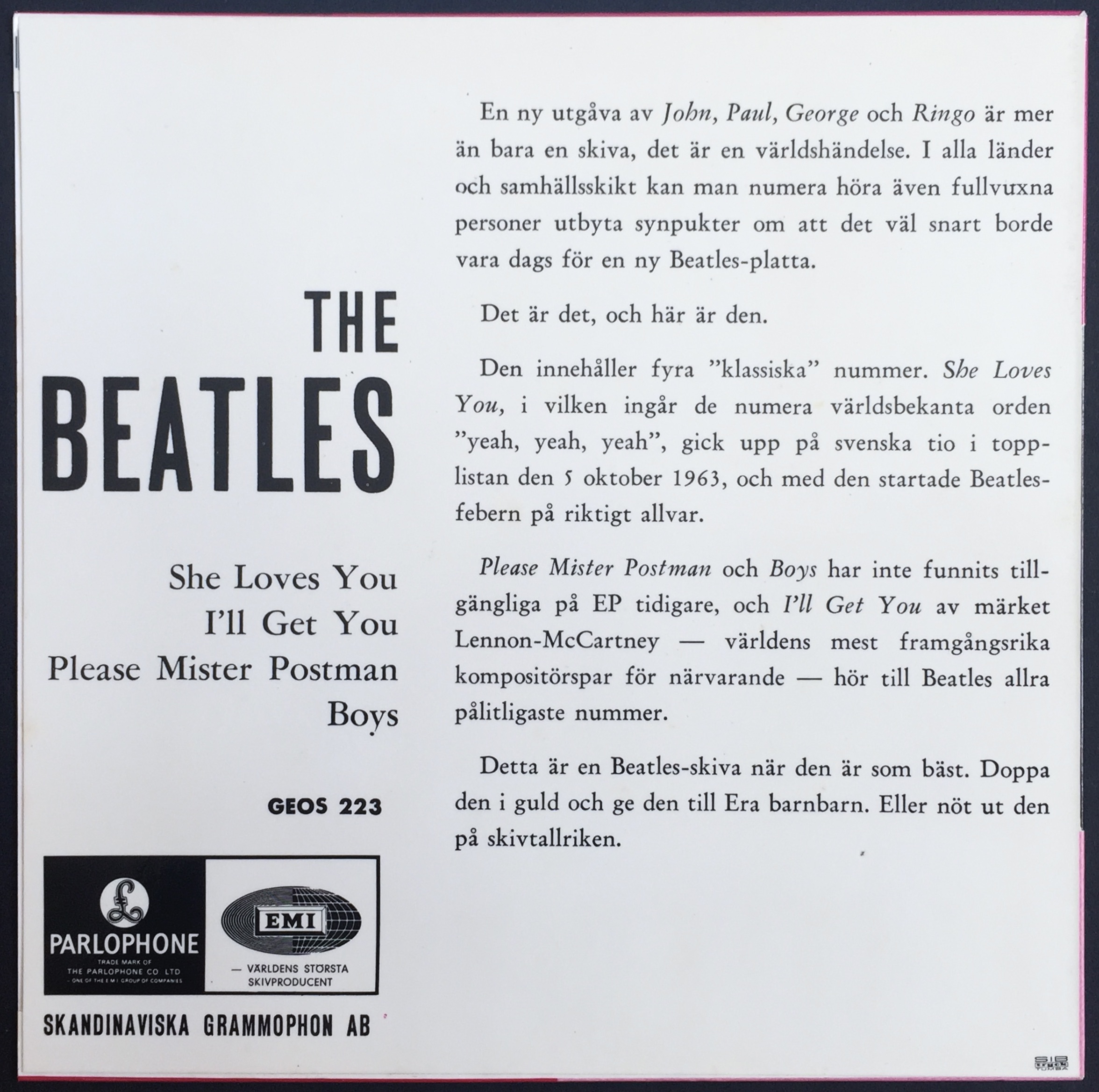 BEATLES - She loves you +3 Swe EP 1964 Rare PINK - PS ONLY - Archive copy / MINT-! - 3