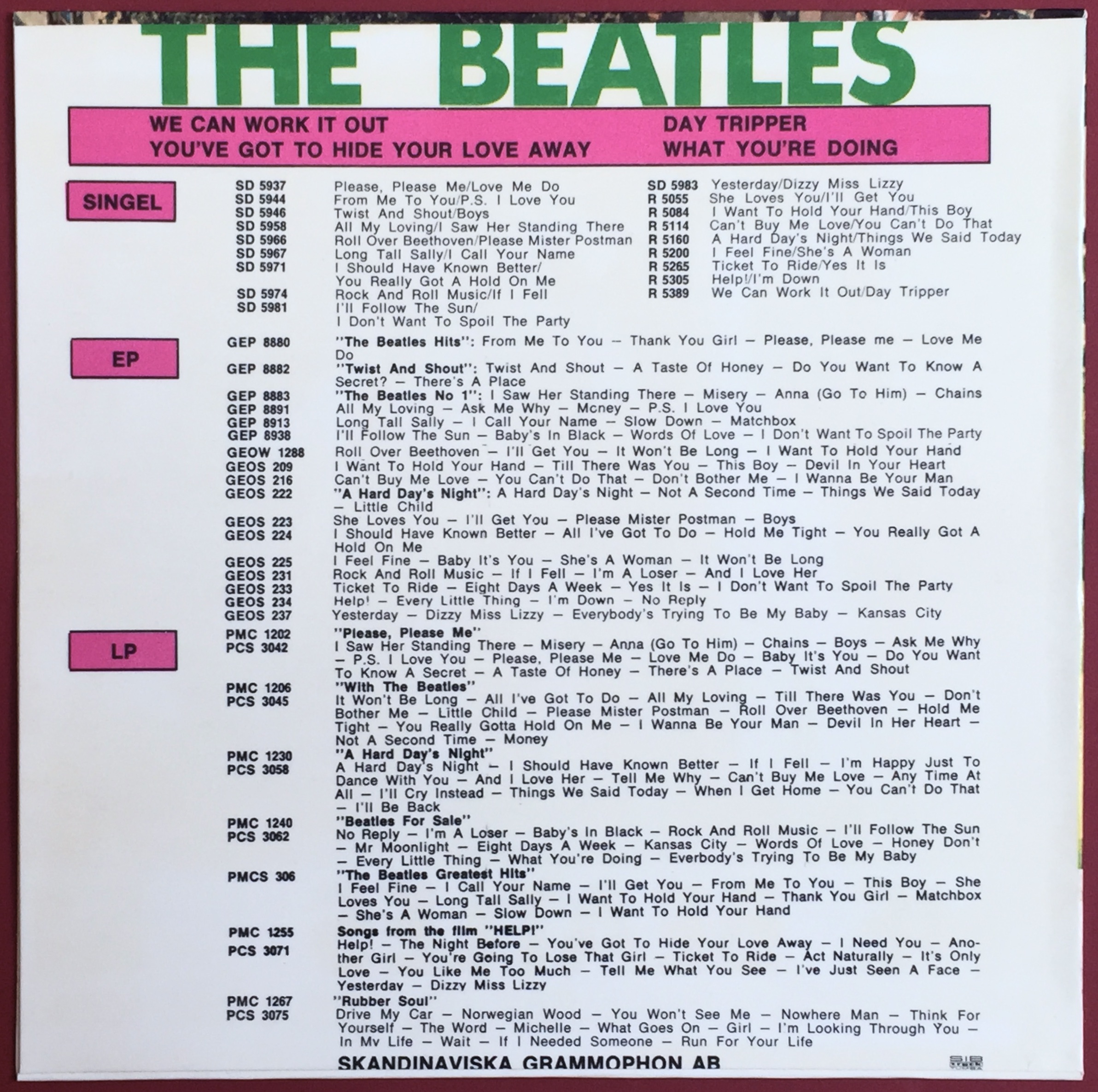 BEATLES - We can work it out +3 Swe EP 1966 ENDAST PS - Arkivex / MINT-! - 2