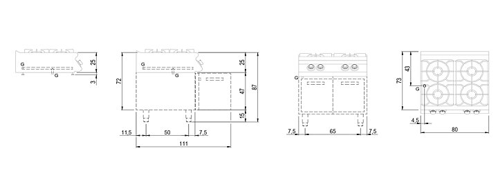 Gasspis, bänk, 4 brännare