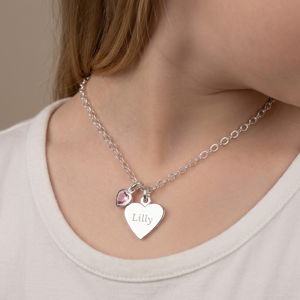Hjärta, Barn halsband med gravyr - Silver - 3