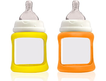 To glassutteflasker med silikonebeskyttelse i gul og orange