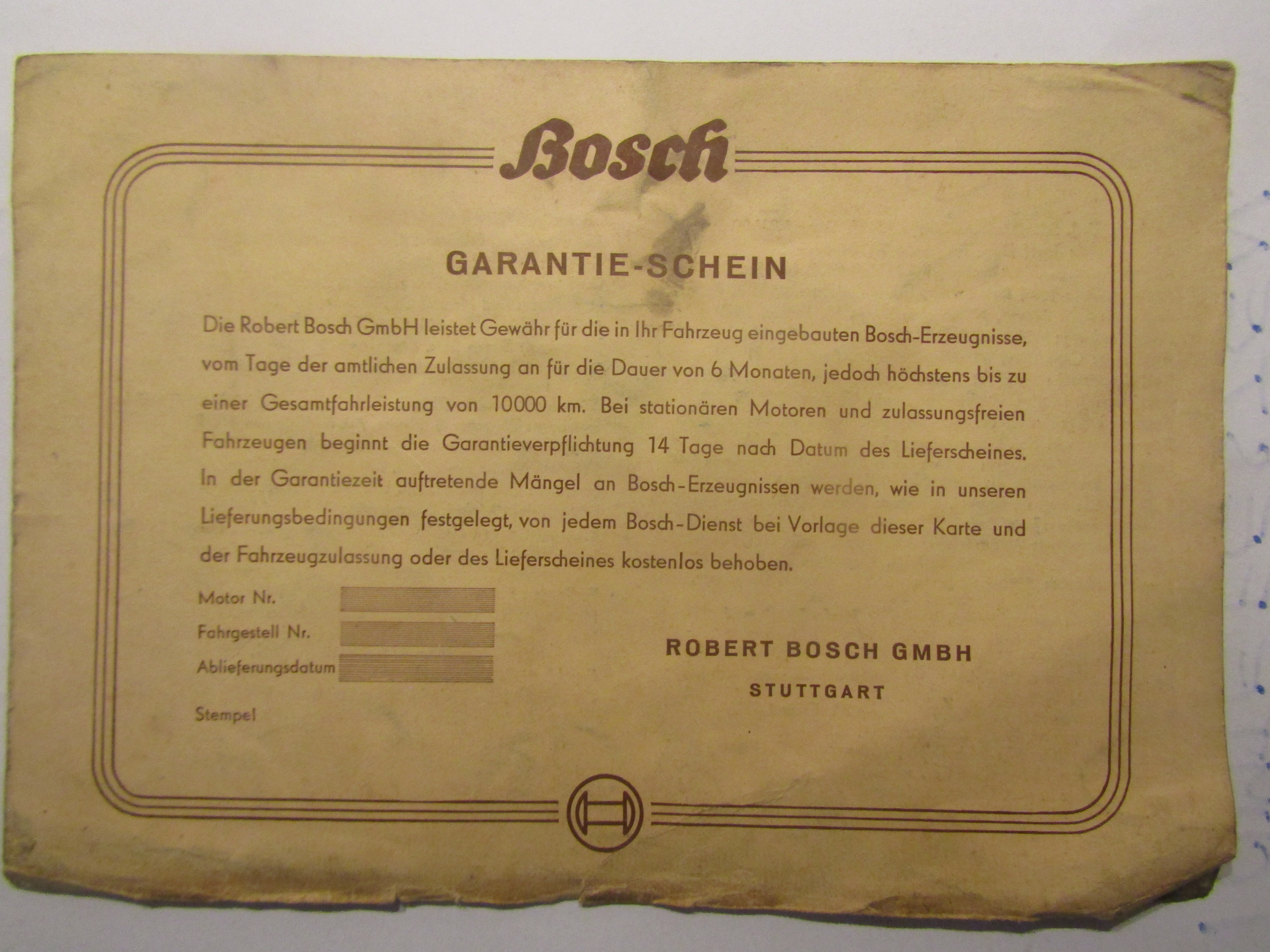 1950 Bosch Garantie-Schein