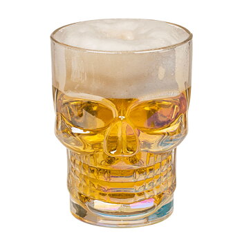 Dödskalle-Ölglas med öl framifrån