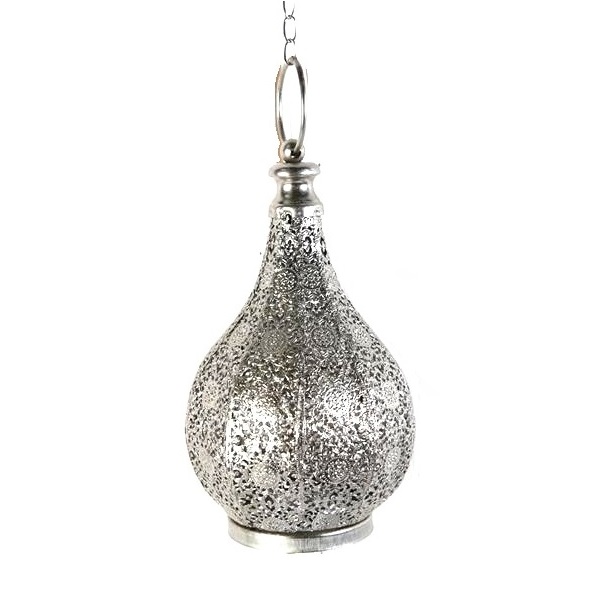 Droppe silver färgad lykta med genombrutet spetsmönster plåt shabby chic lantlig stil.