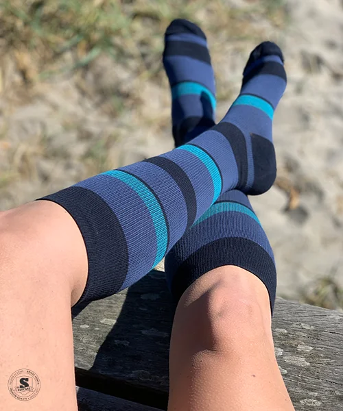 Gestreepte steunkousen: blauw & turquoise - 2