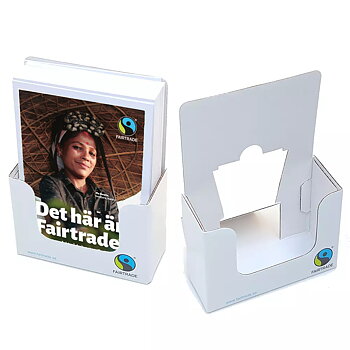 Vitt broschyrställ med Fairtrade-logotyp i högra hörnet, förA6-format