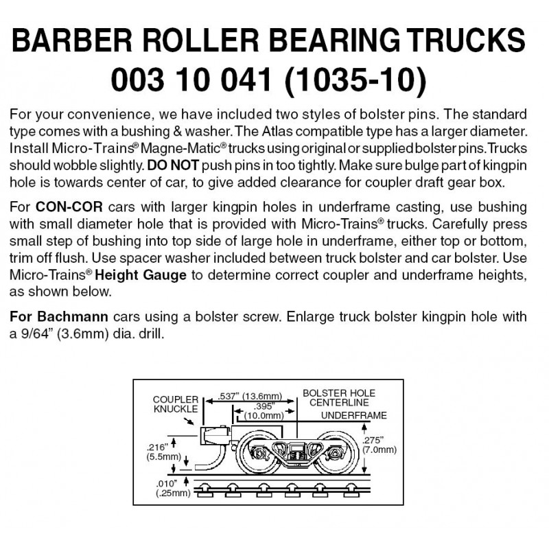 Barber Trucks w/ short ext. couplers 10 pr (1035-10)