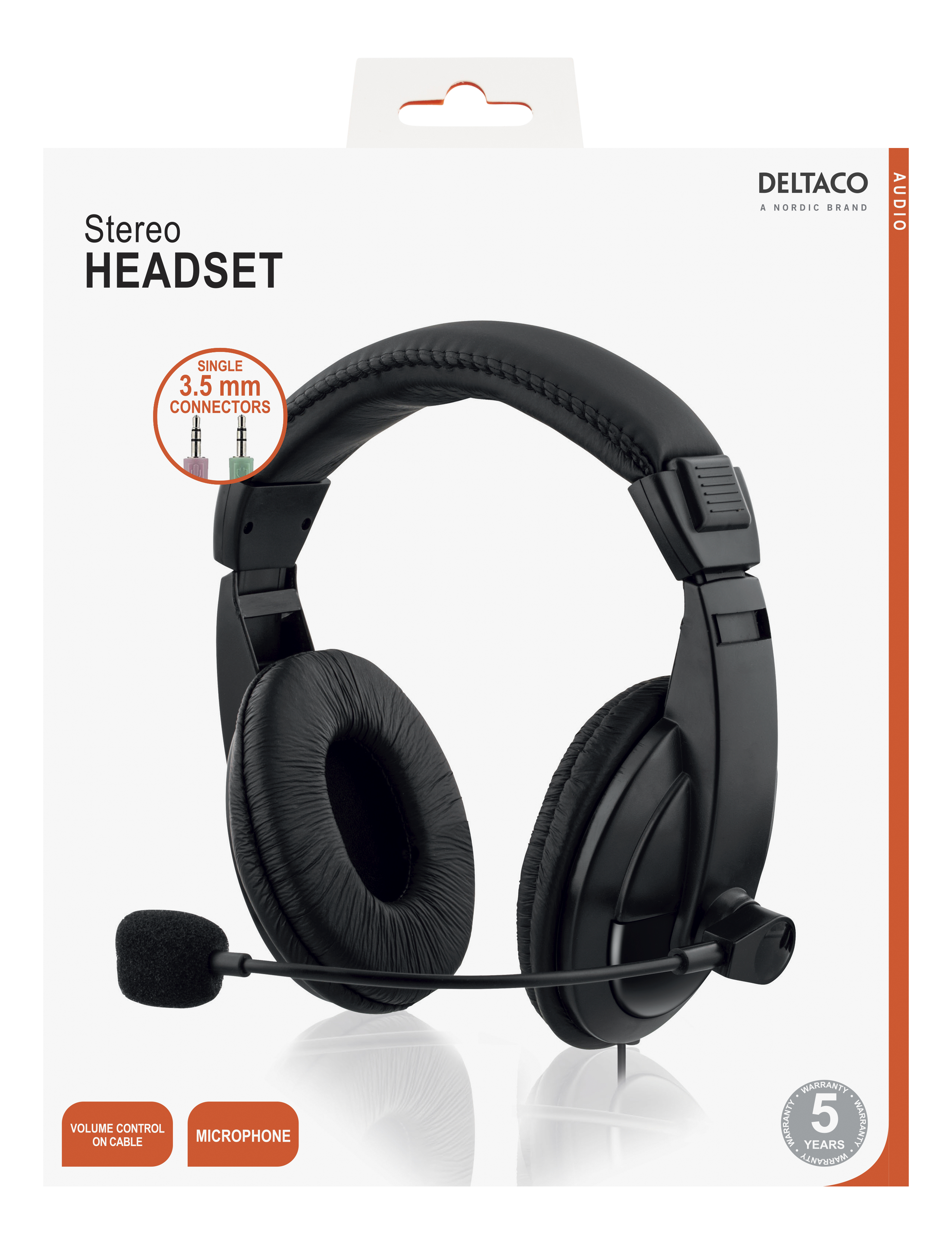 Deltaco Stereo Headset, stora kåpor, volymkontroll, 2x 3,5mm, 2m, svart - 4