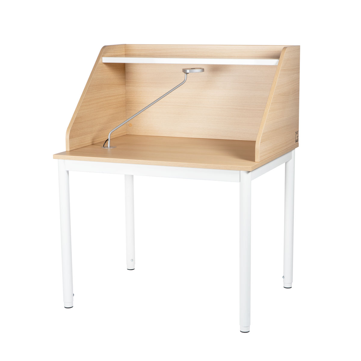 ExLIBRIS² study and computer desk with integrated upper shelf, white metal book support and option for dimmable task light, designed for study and computer use in libraries.