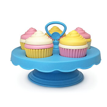 Legetøjsmad cupcakes på blå kagetallerken