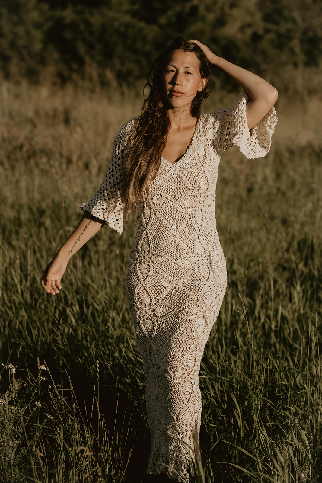 Handmade crochet loose sleeve wedding dress BEIGE - 2