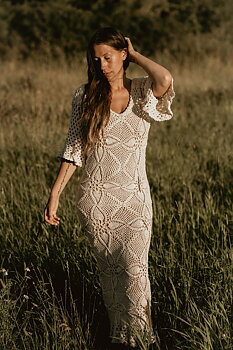 Handmade crochet loose sleeve wedding dress BEIGE
