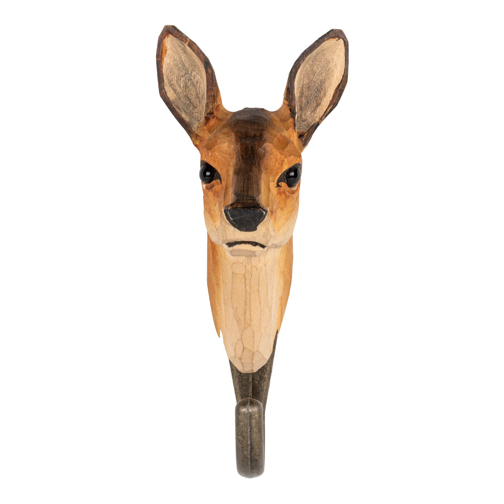 Patère Chevreuil vue de face, avec une tête de chevreuil détaillée en bois et un crochet en métal.