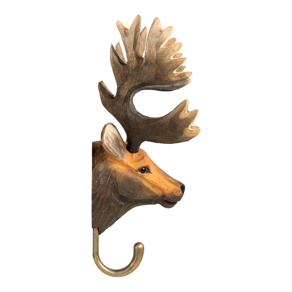 Hook Red Deer from the side, with a carved wooden red deer head, large antlers and curved metal hook.