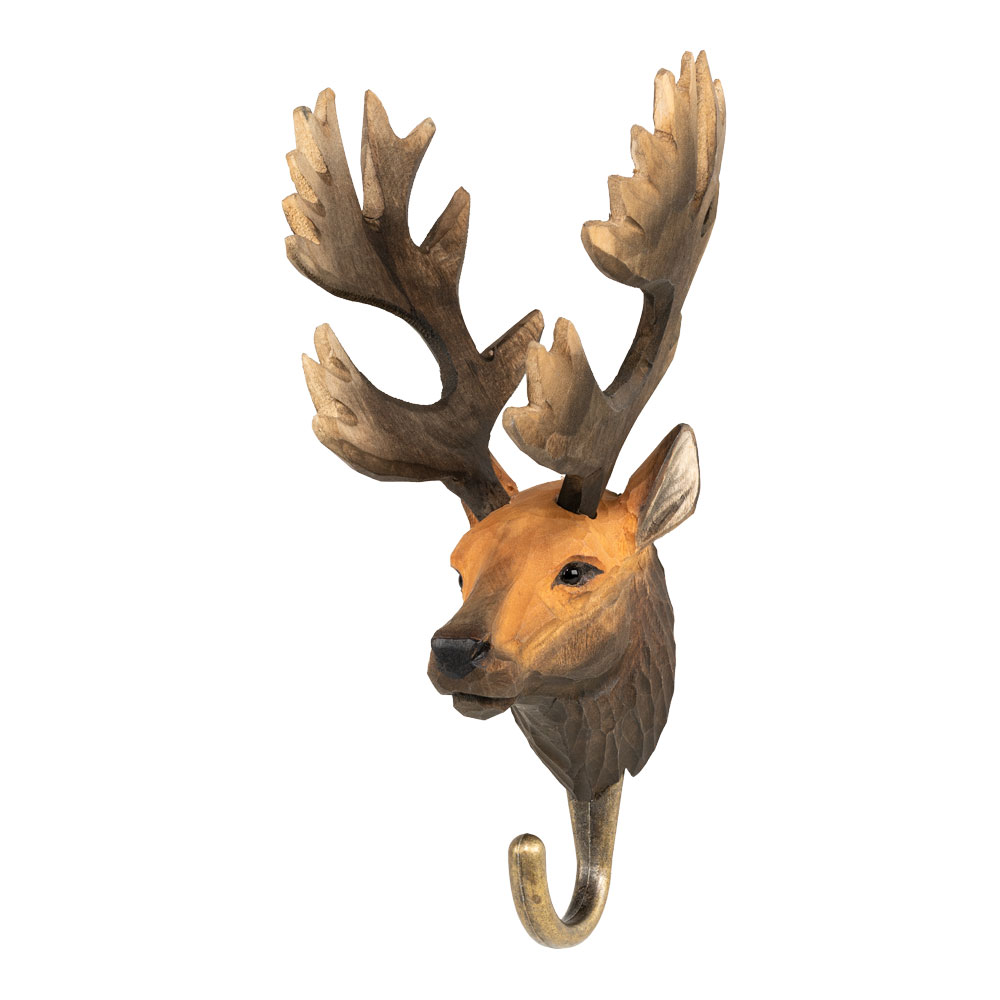 Krok Kronhjort framifrån, med snidat kronhjortshuvud i trä, stort horn och metallkrok.