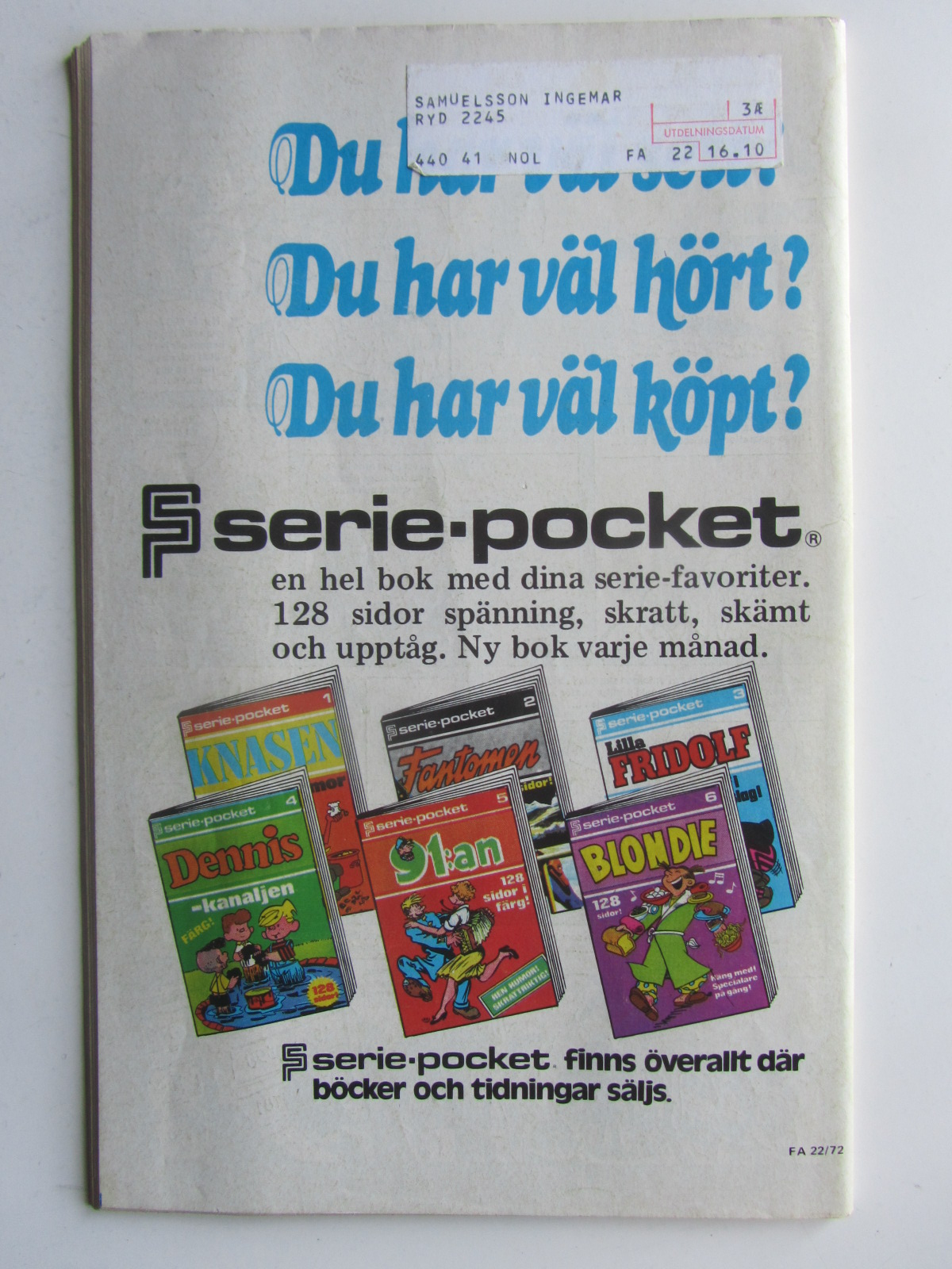 Fantomen 1972 22 Vg - 2