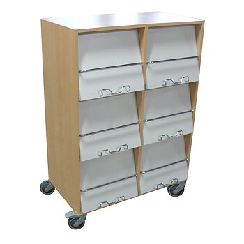 Mini-Meg Magazine Rack on castors with six compartments and light grey flip-front doors for newspapers and magazines, with storage behind each door.