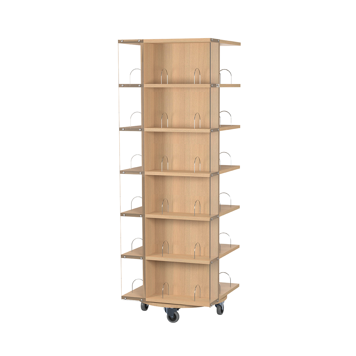 Astrid Roterende Hylde fritstående roterende udstillingshylde med flere hylder og sidefag, med låsbare hjul til fleksibel placering i biblioteker.