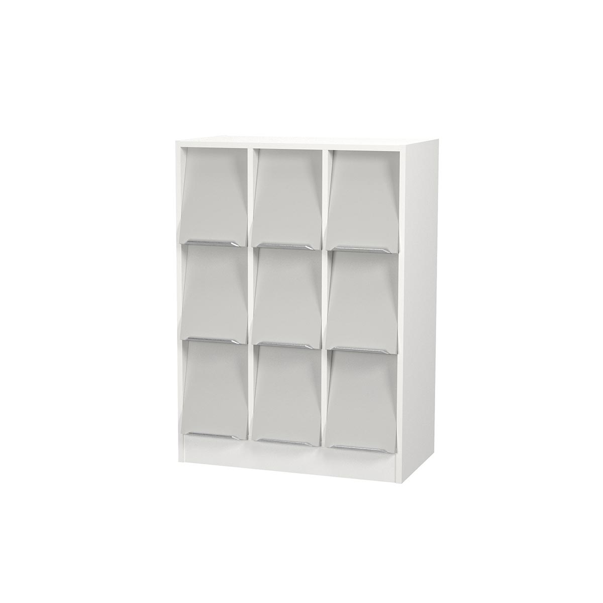 MAG-MAG H:1100 – magazine, brochure and information shelf with flip-front doors for display and hidden storage behind individual doors. Light grey doors as standard, shown with a white carcass.