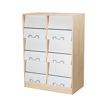 MEGA-MAG H:1100 – newspaper display shelf with flip-front doors for presentation and hidden magazine storage behind individual doors, supplied with light grey doors as standard, for libraries and public spaces.