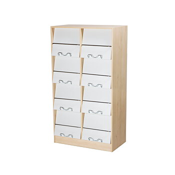 MEGA-MAG H:1440 – newspaper display shelf with flip-front doors for presentation and hidden magazine storage behind individual doors, supplied with light grey doors as standard, for libraries and public spaces.