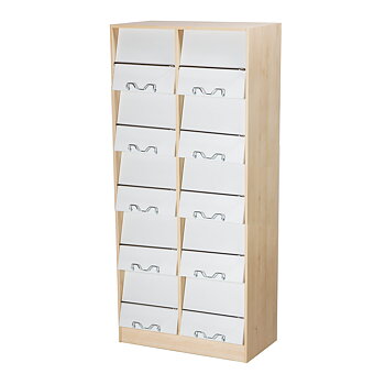 MEGA-MAG H:1770 – newspaper shelf with flip-front doors for display and hidden magazine storage behind individual doors, supplied with light grey doors as standard, for libraries and public spaces.