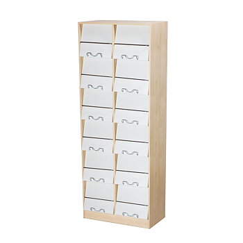 MEGA-MAG H:2100 – newspaper shelf with flip-front doors for display and hidden magazine storage behind individual doors, supplied with light grey doors as standard, for libraries and public spaces.