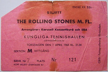 ROLLING STONES - Konsertbiljett Kungl. Tennishallen Stockholm 1965 ROSA
