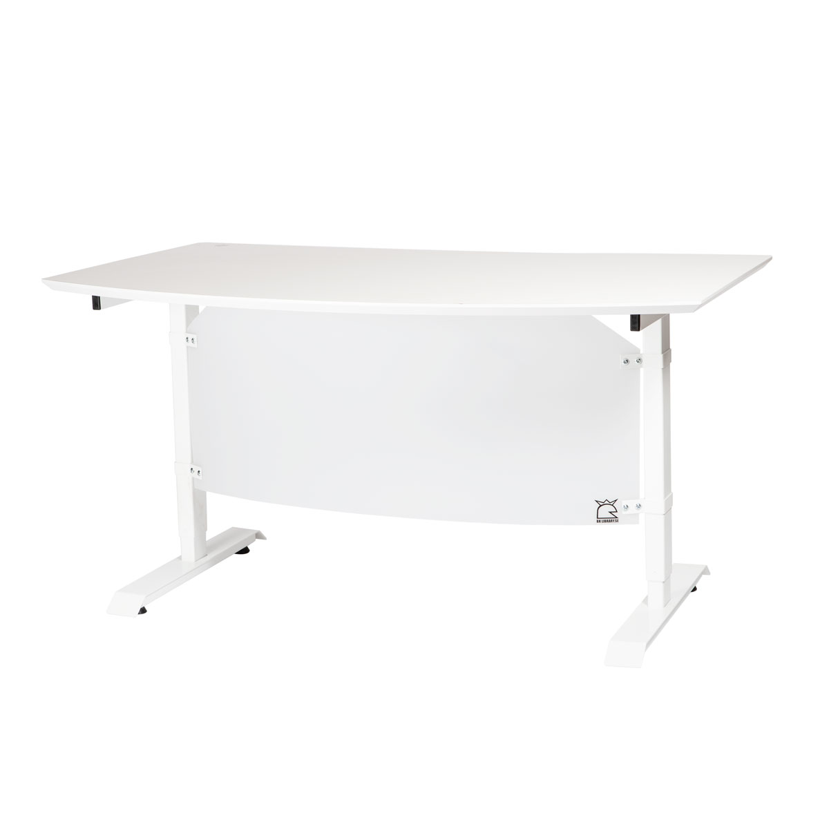 Småland Work Counter – height-adjustable work counter and compact reception desk for smaller libraries and departments, with epoxy-coated steel frame, frosted white plexiglass modesty panel and high-pressure laminate worktop, plus optional monitor arm and CPU holder.