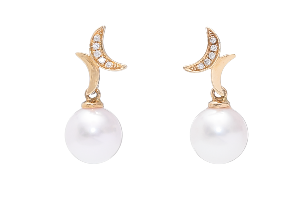 Perlenohrringe-Akoya in AAA-Qualität mit Gold und Diamanten 7.5–8 mm