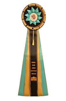 6287 - Rosette für Pferd, Hund, Veranstaltung, 5 Bänder und Quasten, 71 cm