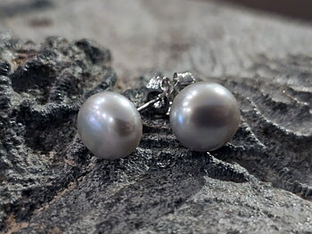 Cultured freshwater pearls, approx. 9 mm, dyed silver-gray stud earrings, 925 silver (dyed)