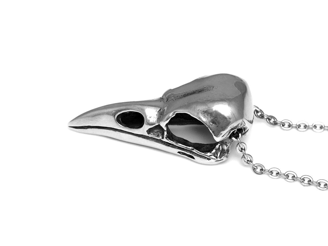 Kråkskalle Halsband, Kråka Döskalle Hänge, Fågelskalle Smycke i Tenn - 4