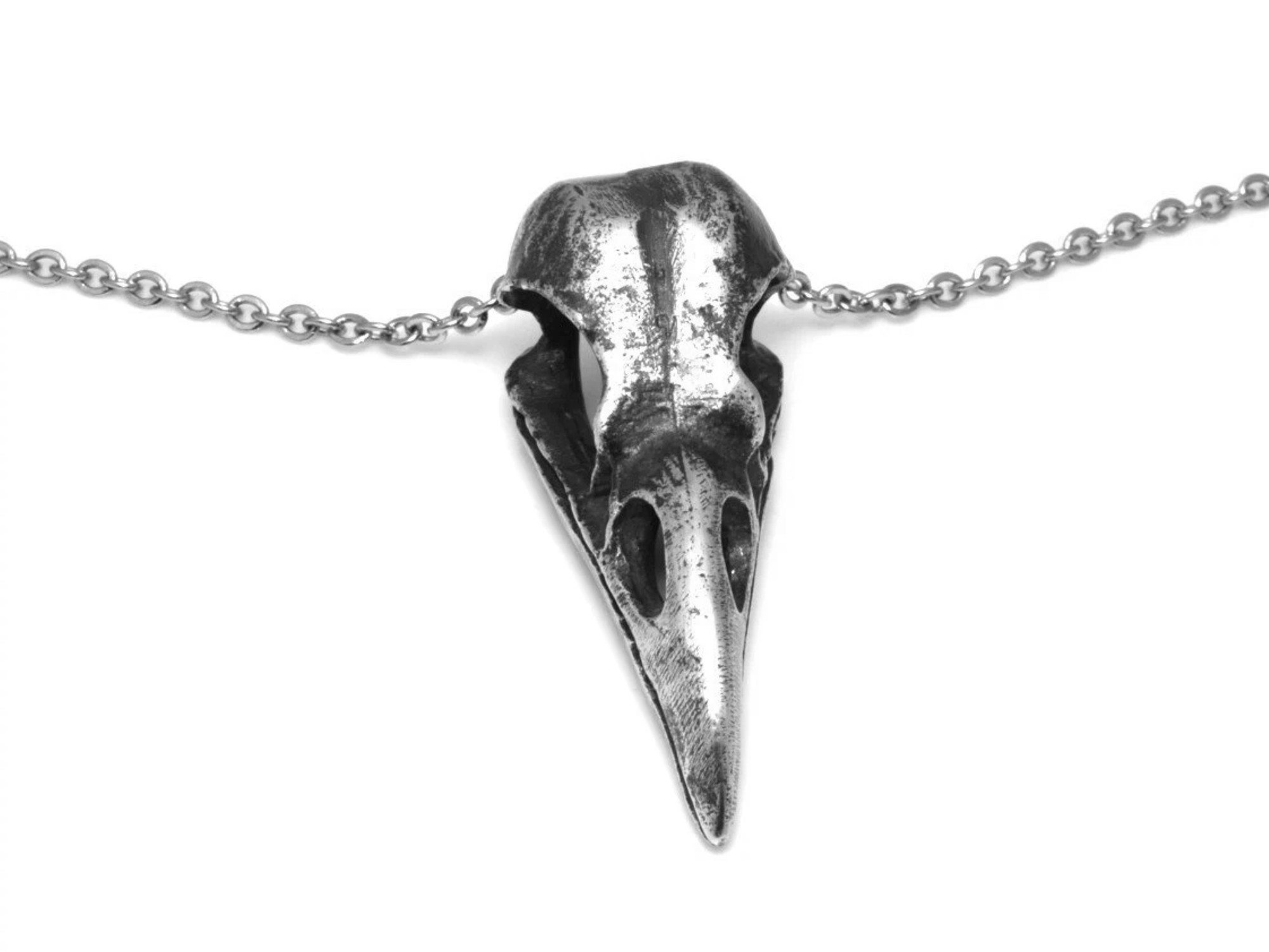 Oxiderad Kråkskalle Halsband, Kråka Döskalle Hänge, Fågelskalle Smycke i Tenn - 3