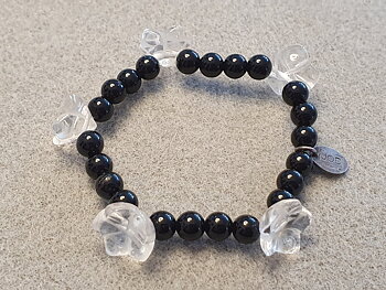 JOD Flower: Black onyx ball approx. 6mm + rock crystal flowers, bracelet, inner size approx. 15cm, JOD tag 925-silver
