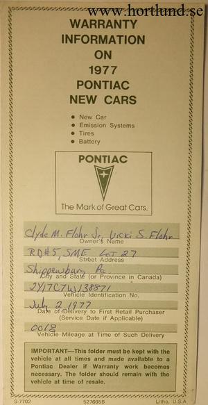 1977 Pontiac Warranty Information on New Cars alla modeller